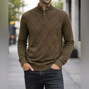 Dockers Brown Argyle Quarter Zip Sweater XL | Classic Workwear Knit Pullover